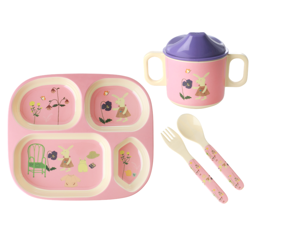 Pink Rabbit Print 4 Piece Melamine Dinner Set in Gift Box By Rice